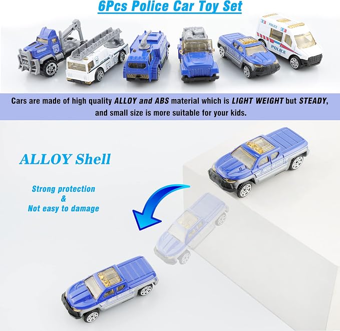 BenRich 6Pcs Mini Die Cast Car 1/64 Scale Alloy Metal Model Vehicle Set - Ladder, Water Tower, Ambulance, Police Patrol Car & Transport Truck, Patrol - Toys for Kids Boys Girls Birthday Xmas Present