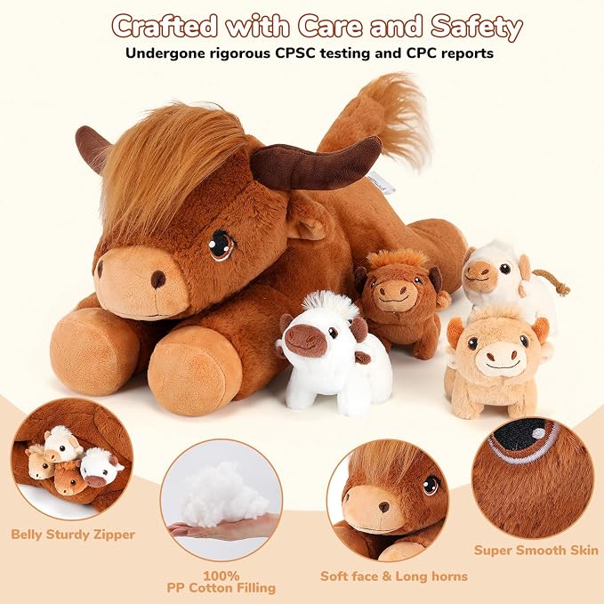gnomantic Highland Cow Stuffed Animals with Babies, Mommy Toy for Kids | 5-Piece set: 1 mommy highland cow + 4 surprise babies inside. Unzip belly to reveal babies. Ultra-soft, safe for ages 3-8.