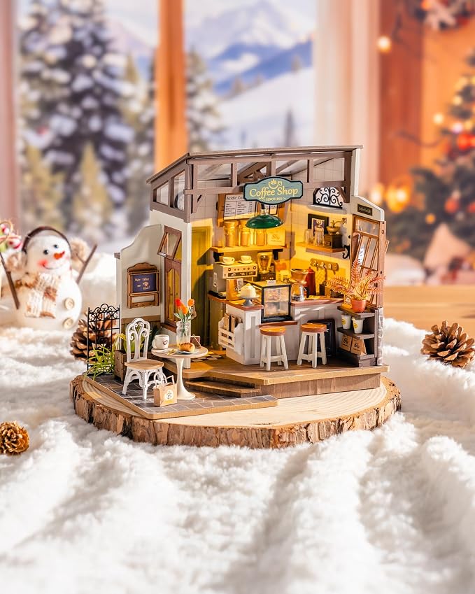 Rolife Miniature Dollhouse Kit, Coffee Shop Miniature Dollhouse Kits for Adults to Build, Wooden Mini House Model with LED Lights DIY Crafts Birthday Gifts and Hobbies Home Decor for Family Friends