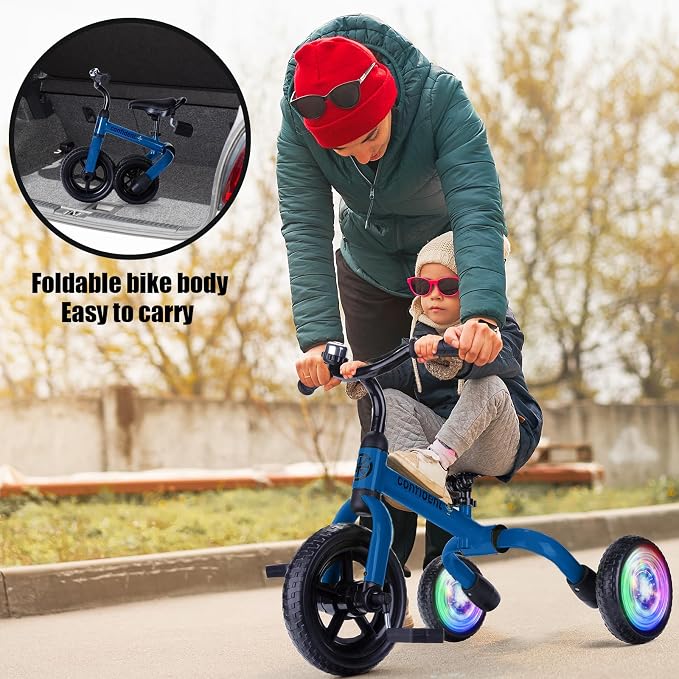 YGJT 3 in 1 Lighting Tricycle for Toddlers Age 2-5 Years Old, Folding Kids Balance Bike with Adjustable Seat and Removable Pedal, Toddler Bike Ride-on Toys for Infant, Gifts for Baby Boys Girls(Blue)