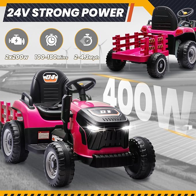 JOYRACER 24V Ride On Tractor for Kids, Electric Ride on Toys w/400W Motors, Tiltable & Detachable Trailer, Adjustable Seat, Bluetooth, Music, Remote Control Electric Tractor for Kids, Pink