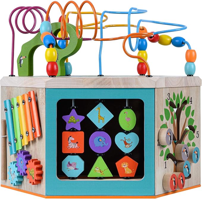 Teamson Kids Preschool Play Lab 7-in-1 Large Wooden Activity Cube Station Center Bead Maze and Counting for Kids Baby Toys, Natural | Large Station Center, Bead Maze, Counting for Kids Baby Toys, Natural