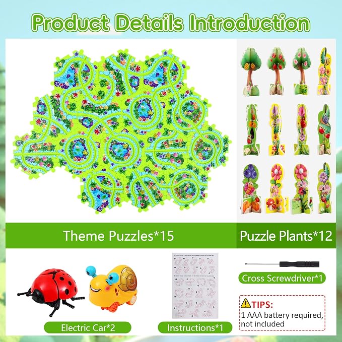 15Pcs Puzzle Racer Kids Car Track Set for Kids, Race Tracks for Toddlers Ages 3-8, Puzzle Track Car Play Set, Educational Puzzles Cars Toys Gifts for 3 4 5 6 7 Year Old Boys (Snail Ladybug)