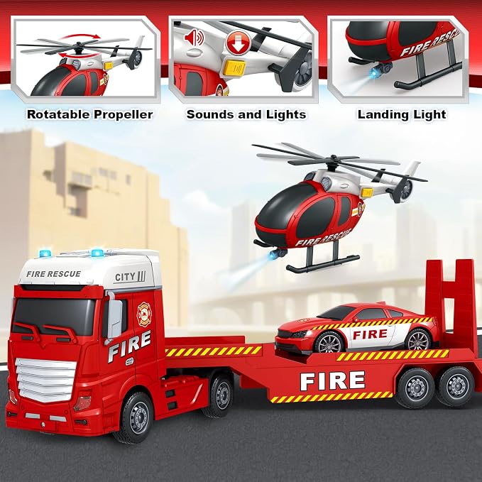 Kids Toys for 3 4 5 6 7 8 Years Old Boys, 25" Fire Truck Toy with Racing Car and Helicopter, Toddler Friction Powered Truck Vehicle Toy with Lights, Sounds for Boys Girls Christmas Birthday Gifts