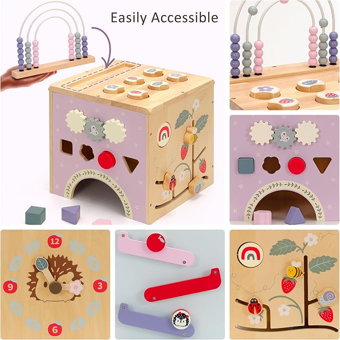 Pillowhale Wooden Activity Cube, Baby Montessori Toys for 1 Year Old | 8 in 1 Activity Center with Bead Maze, Shape Sorter, Sliding Tracks & Clock, Educational Learning Toys, 19.5"X11.6"X11.6"