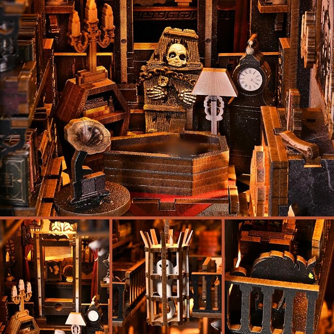 Book Nook Kit - Goth Castle DIY 3D Wooden Puzzle for Adults, Horror Bookshelf Insert with LED Lights, Halloween Home Decor Gift, The Dark Family