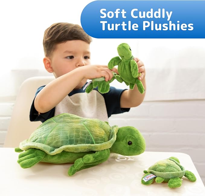 PREXTEX Plush Turtle Toy with 3 Baby Stuffed Turtles - Big Mom with Zipper Storage - Soft Reptile Toys for Kids Ages 3-5 - Cuddly Stuffed Set - Thoughtful Gift for Animal Lovers & Toddlers