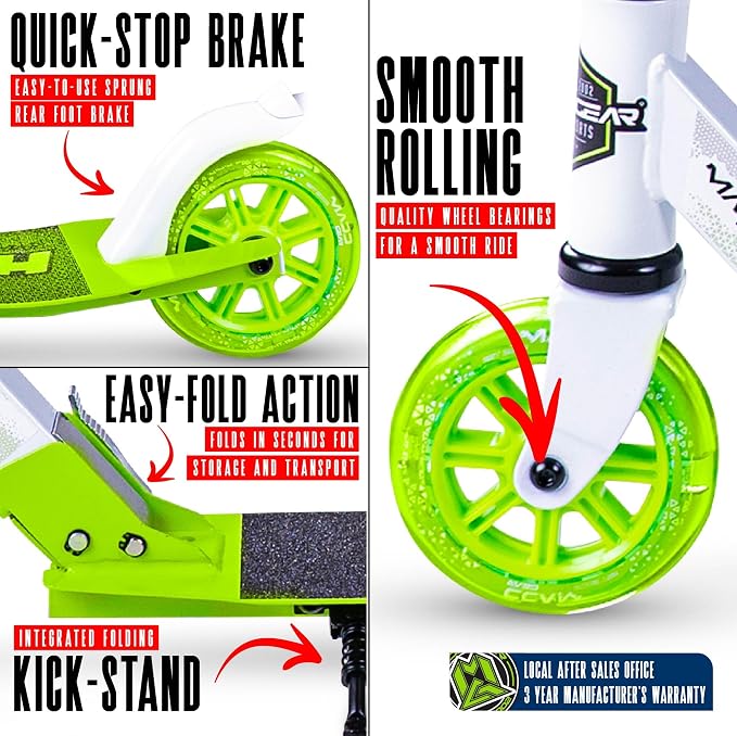 Kick Scooter for Ages 5+ - Kids, Teens & Adults. Max Load 220lbs. Foldable, Light-Up Wheels, Adjustable Height, Lightweight - Rush 125 Madd Gear