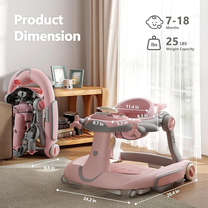 Kinder King 8-in-1 Baby Walker with Music & Lights, 3 Level Adjustable Height, Foldable Toddler Walker with Speed Adjustable Wheels, Easy to Clean, Baby Walkers for Boys & Girls 6-18 Months
