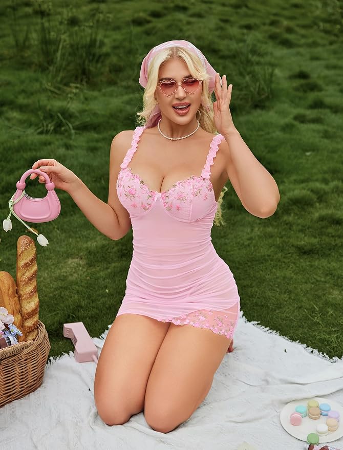 Avidlove Lingerie for Women Mesh Babydoll Lingeries Lace Chemise Floral Sleepwear Dress Sheer Exotic Boudoir Outfit S-XXL
