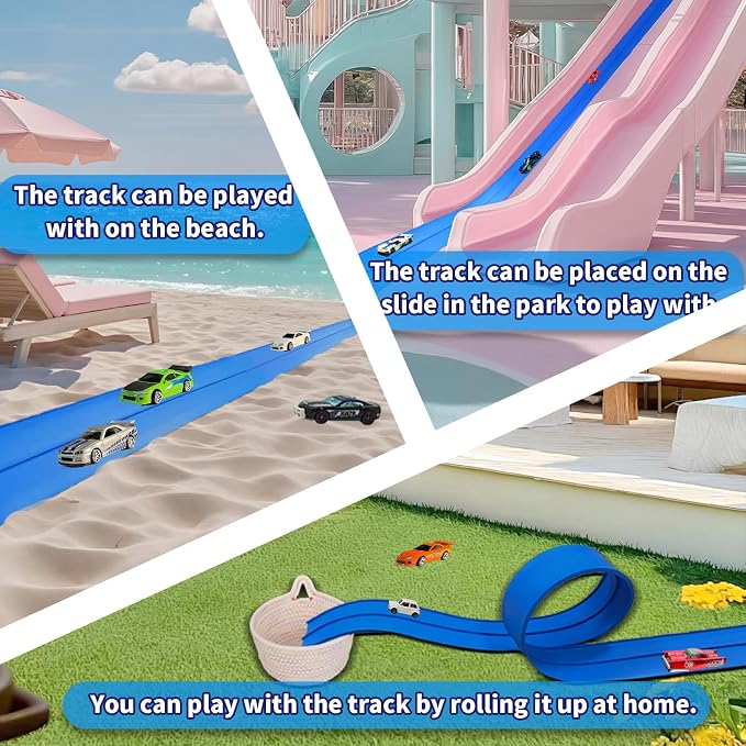 Flex Track 15 Ft Starter Set – Flexible Race Car Ramp Track for Kids, Double-Sided Racetrack for 1:64 Diecast Cars and Similar Toy Cars, Ages 3 & Up with Suction Cups，Blue