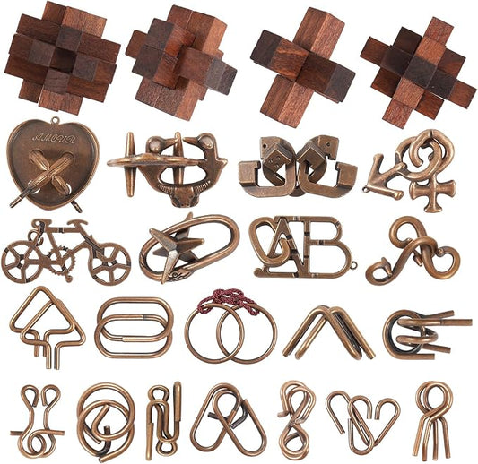 24 Pcs Brain Teaser Puzzles for Adults and Teens - Metal Puzzles 3D Puzzle Game Toys for Adults Teens - Wooden Unlock Interlocking Puzzle Adult IQ Education Smart Toys