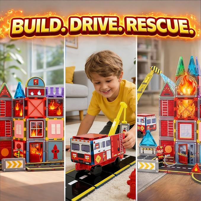 LATI Fire Rescue Magnetic Tiles for Kids,Double-Sided Fire & Rescue Blocks with Fire Truck, Station, Roads & Crane, STEM Magnetic Building Blocks for Boys & Girls Ages 3-8