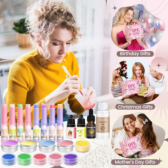 TSVATE Lip Balm Making Kit- Make Your Own Lip Balm for Adults with Shea Butter, Beeswax, Coconut Oil, Moisturizing DIY Lip Gloss Kit, Lip Care Set Christmas Gift for Girls & Women