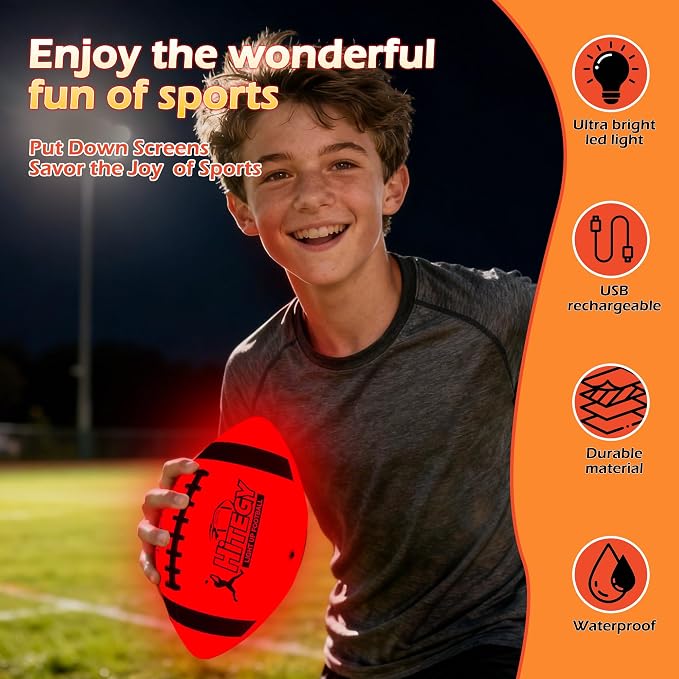 Glow in The Dark Football Light Up Football | USB-C Rechargeable LED Ball with Pump | Night Game Ball for Indoor & Outdoor Play | Gift Ready for Boys & Kids