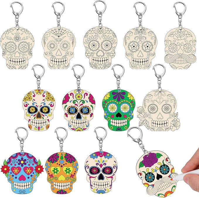 Trnayi 36 Pcs Day of The Dead Unfinished Wooden Keychains for Kids Color Your Own Unfinished Wooden Crafts Blank Wood Painting DIY Crafts for Home Activities Arts Project Decoration