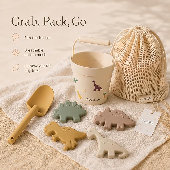 6-Piece Silicone Beach Toys Set for Kids - Foldable Sand Bucket, Shovel, 4 Sand Molds and Mesh Bag - Dinosaur World