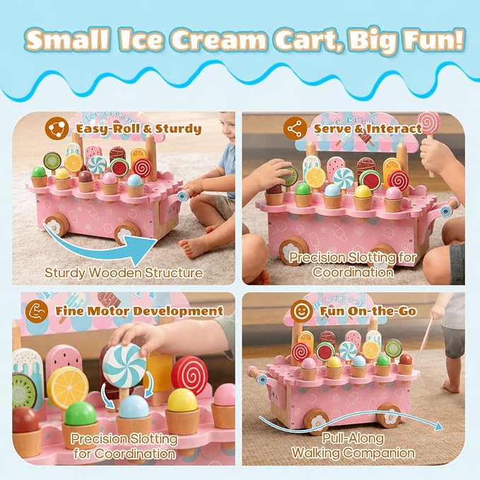 BROWNROOT Wooden Ice Cream Cart for Kids, Pull Along Pretend Play Food Toys with Fruit Popsicles Lollipops, Play Kitchen Accessories Preschool Store Toy for Toddlers Girls Boys 3+ Gift