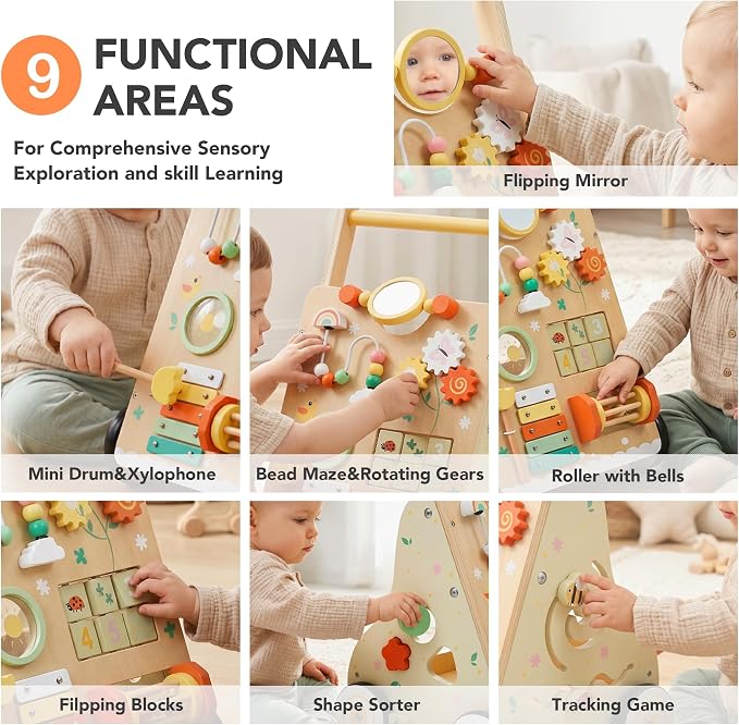 Wooden Baby Push Walker with 9-in-1 Activity Center for Boy Girl 1Y+ | Push Walker with Wheels for Toddler Infant Learn to Walk & Sit-to-Stand, First Birthday Toy Gift for 1-3 Year Old