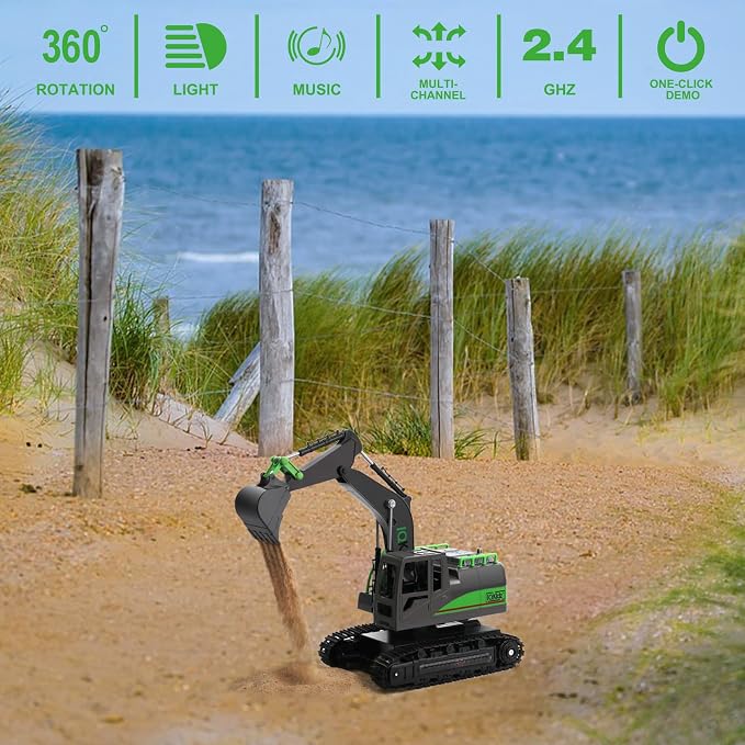 IQKidz Remote Control Excavator Toys for Boys 4-7 Yrs Old - Best Birthday Gift for Kids Age 3 5 8 9 10+, Metal Shovel Construction Vehicles with Light Sound, Rechargeable RC Tracked Digger