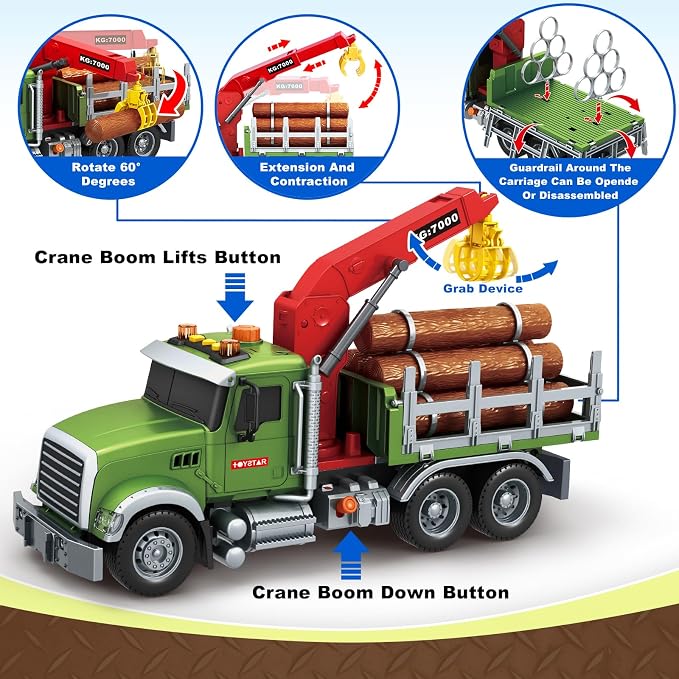 SpringFlower Toy for 3 4 5 6 Year Old Boys, Farm Truck Toy with Farm Trunk,Vehicle Timber Truck Toy with Loading Crane & Lights & Sounds, Kids Birthday Gifts for Boys Toddlers Girls