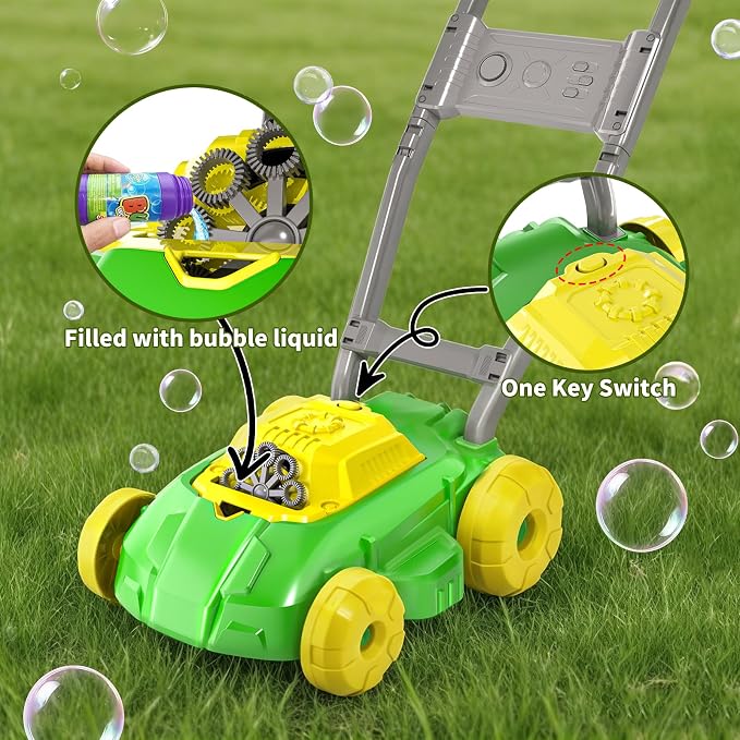 Bubble Lawn Mower Maker Machine with Music, Spill-Proof Design for Kids, 5000+ Colorful Bubbles Per Minute for Indoor Outdoor Play, Perfect Gardening Toy Gift for Kids Ages 3-6,Yellow Green