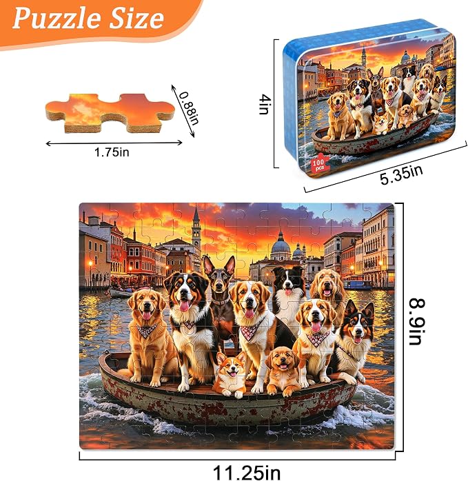 MZZOTOY Sunset Dogs Puzzle for Kids Ages 4-8, 100 Pieces Jigsaw Puzzles for Kids Ages 3-5， Learning Educational Puzzles Toys Great Gift for Boys Girls in a Metal Box