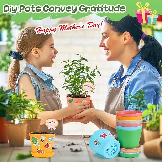Cosweet 24 Pack Durable Resin Garden Pot Craft Kit for Kids - Colorful Flower Plant Spring Crafts with Stickers & Blank Labels, School Activities Growing Kit for Classroom Home DIY Gift 4+ Years