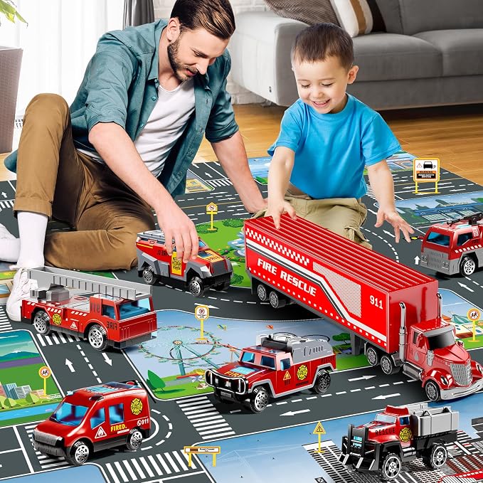 NIPLOOOW Fire Toys for 3 4 5 6 Years Old Boys Girls Kids, Die Cast Metal Fire Truck Toys W/Play Mat, Rescue Emergency Fire Truck Car Toy, Toddler Car Toy Christmas Birthday Gifts for Boys