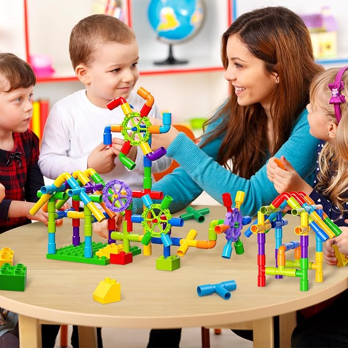 burgkidz STEM Learning Pipe Tube Construction Building Blocks, Sensory Toys with Wheels Baseplate for All Ages Kids Boys Girls, 188 Pcs