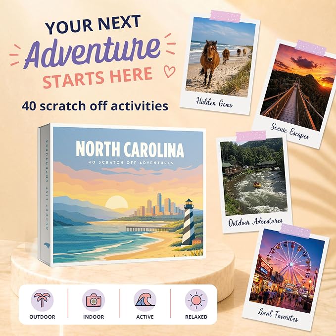 North Carolina Bucket List Scratch Off Cards - 40 Adventure Cards with Region Split Map, Hidden Gems, Scenic Escapes & Local Favorites - Travel Gift for Couples, Families, Friends & Tourists
