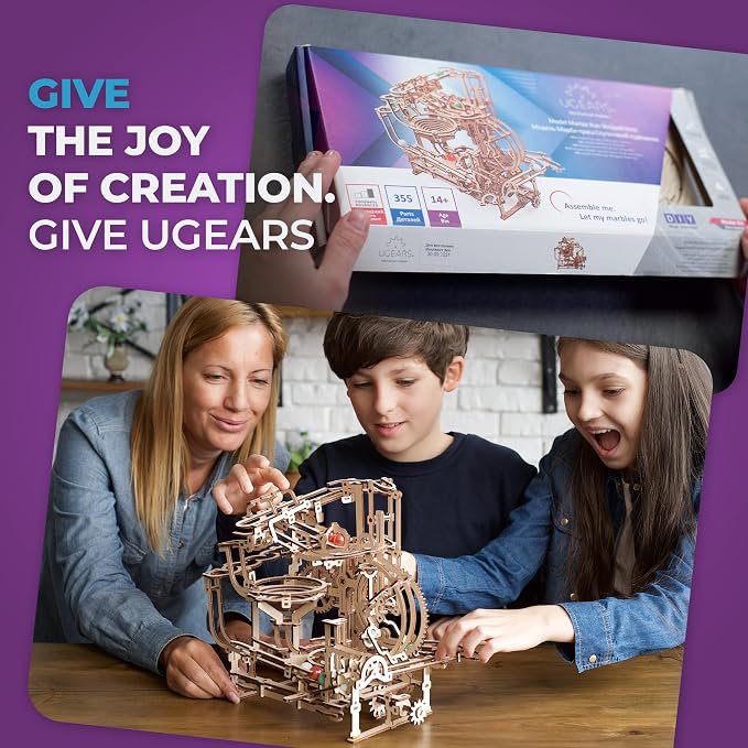 UGEARS Wooden Marble Run Stepped Hoist - Mechanical 3D Wooden Puzzles for Adults Kit, Fun DIY Model Kit Crafts for Adults - Unique Gift 3D Puzzle for Adult Marble Game for Hobby Enthusiasts - 355 Pcs