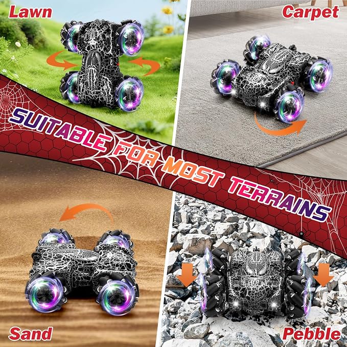 Hand Controlled Remote Control Car, 2.4Ghz Gesture Sensing RC Stunt Car with Wholebody Light & Headlight, Rechargeable 360° Rotating Double Sided RC Cars Black Spider Toys for Boys 4-6 5-7 8-12