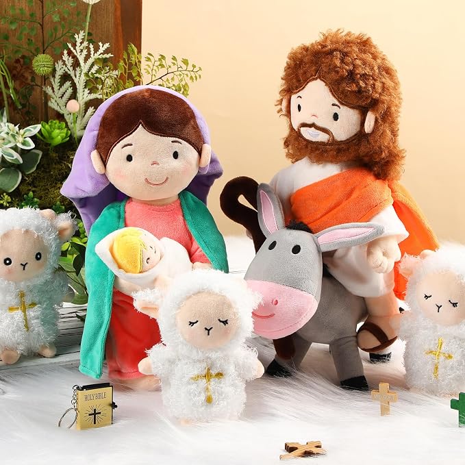 HyDren 6 Pcs Jesus Plush Doll, Christian Gift Nativity Set Religious Plush Doll 11 Inch Saint Virgin Mary with Baby Jesus and Donkey Lambs, God Christening Gift for Christmas Kids Church Nursery