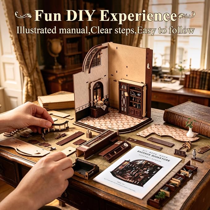 SUNNINO Library Book Nook Kits for Adults, DIY Miniature Dollhouse Bacchus Book Nook Kit, 3D Wooden Puzzle Bookshelf Decor Craft Kits Gift with Led Light for Friend Family