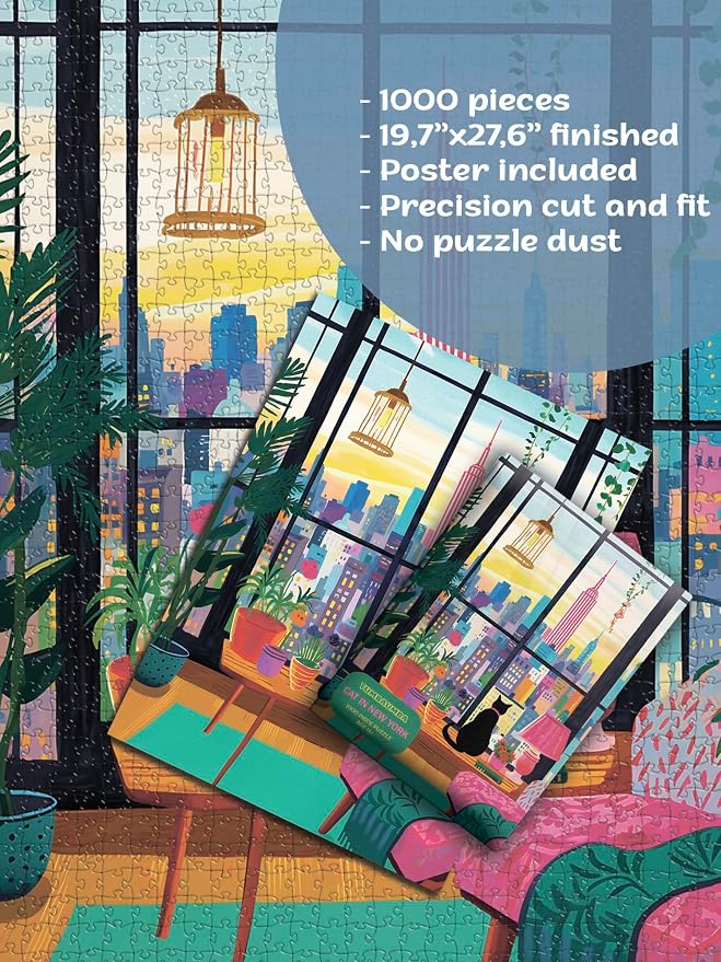 Puzzle for Adults 1000 Pieces, Cat in New York, Colorful Relaxing Jigsaw Puzzle, Mate Finish, Poster Included 1000 piece Puzzle for Adults, Stress Relief Art Puzzle.
