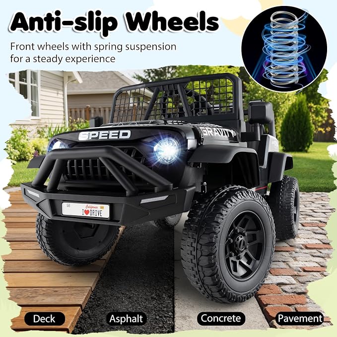 Costzon Ride on Truck, 24V Ride on Toys for Kids, Electric Vehicle with Parent Remote Control, Music, Horn, LED Headlights & Spring Suspension, Kids Car for Boys & Girls Aged 3+ (24V,Black)