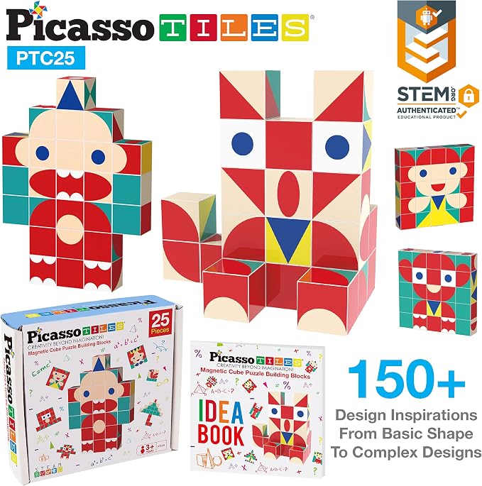PicassoTiles Infinite Magnetic Puzzle Magic Cube Easy-Connect Brain Teaser Toy Set Magnet Pattern Block Matching Toys Free Ideabook 150+ Inspirations STEM Learning Kids Boys&Girls Age3+ PTC25