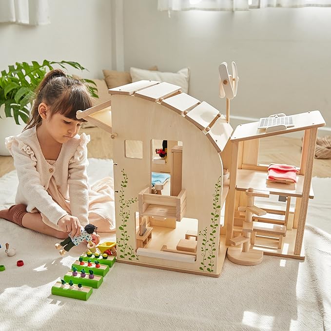 PlanToys® Green Wooden Dollhouse with Furniture | Eco Friendly Doll House with Solar Panel, Wind Turbine & Recycling System | Pretend Play Dollhouse for Sustainable Living Role Play