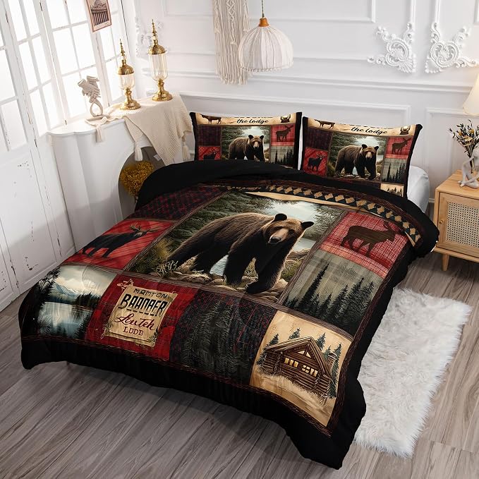 AILONEN Rustic Bear Comforter Set Queen Size,Cabin Plaid Bear & Deer Hunting Bedding Set 3 Pieces,Wildlife Woodland Themed Duvet with 2 Pillowcases
