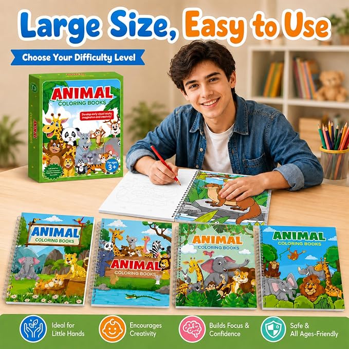 4 Pack Jungle Safari Animal Coloring Books 8.6x11 Inch Spiral Bound Coloring Books Bulk Zoo Animal Themed Activity Book DIY Crafts for Birthday Travel Gifts Party Favors Holiday Trip Supplies