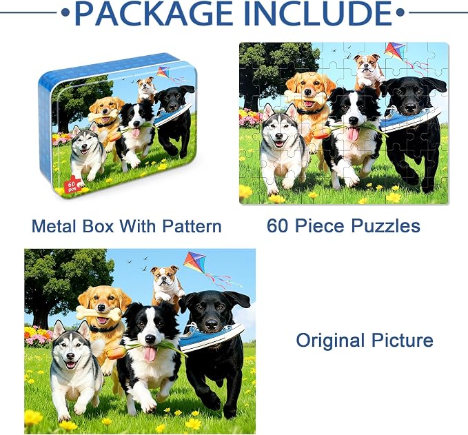 LELEMON Puzzles for Kids Ages 4-6,Dogs on the Grass 60 Piece Puzzles for Kids Ages 4-8 in a Metal Box,Children Jigsaw Puzzles Kids Puzzles,Educational Learning Puzzle Toys for Girls and Boys