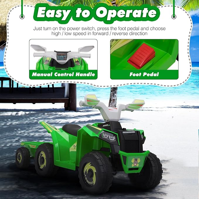 TOBBI 6V Electric Kids Ride On Toy ATV with Trailer, 4 Wheeler Powered Car, Toddler Vehicle to Drive with Music/Battery Volume Display for Children Age 2-6-Green