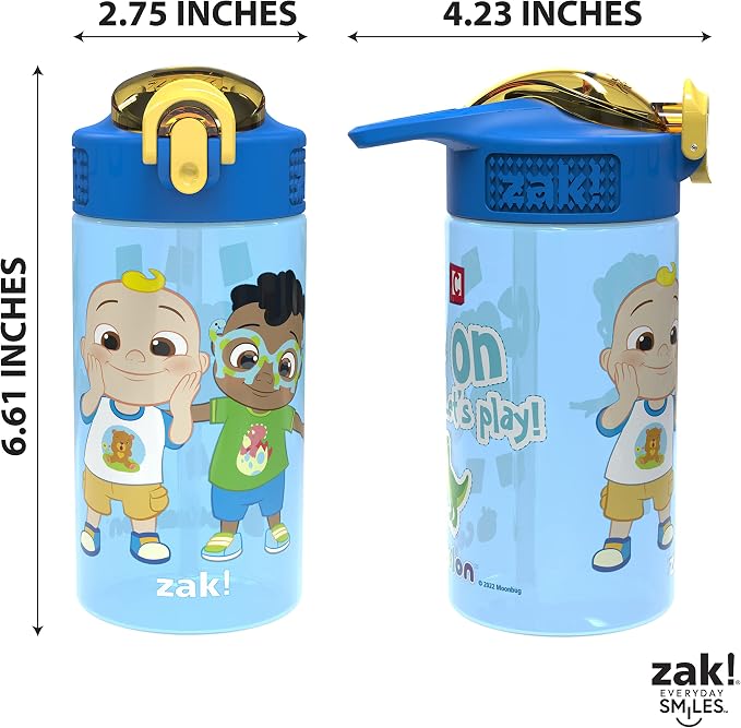 Zak Designs CoComelon Kids Water Bottle with Spout Cover and Built-In Carrying Loop, Durable Plastic, Leak-Proof Water Bottle Design for Travel (16 oz, 2-Pack, Non-BPA)