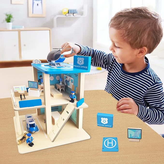 Wooden Police Station Playset Toy, Multicolor 3-Level Pretend Play Dollhouse Set with Figures, Car, Helicopter and Accessories, Preschool Learning Educational Toys for Toddlers Kids Age 3 and up