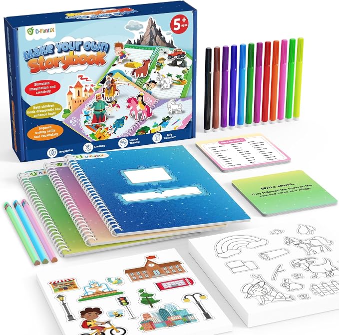 D-FantiX My Storybook Art Kit, Creative Writing & Drawing Activity Set for Boys & Girls, Hardcover Comic Book Making Kit with Stickers, DIY Arts and Crafts Supplies Gifts for Kids Ages 5, 6, 7, 8-12