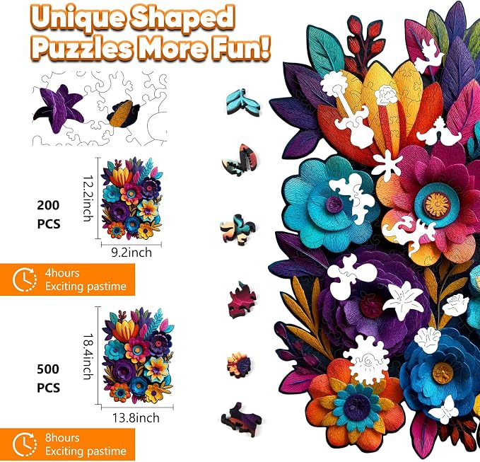 Leodozzio Wooden Jigsaw Puzzles 500 Pieces, Handmade Flowers Autumn Puzzles for Adults, Unique Shaped Wooden Puzzle, Birthday Gift Family Game, 13.8x18.4 Inch