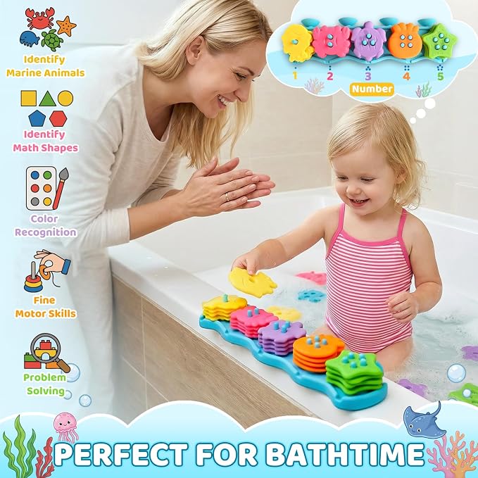 Bath Toys for Kids Ages 1-3 Mold Free Bath Toys Toddlers 2-4 Silicone 21 PCS Ocean Shape Sorters for Toddlers 1-3 Stacking Bathtub Suction Water Play Toys for Toddlers 3-5 Girl Boy Early Learning