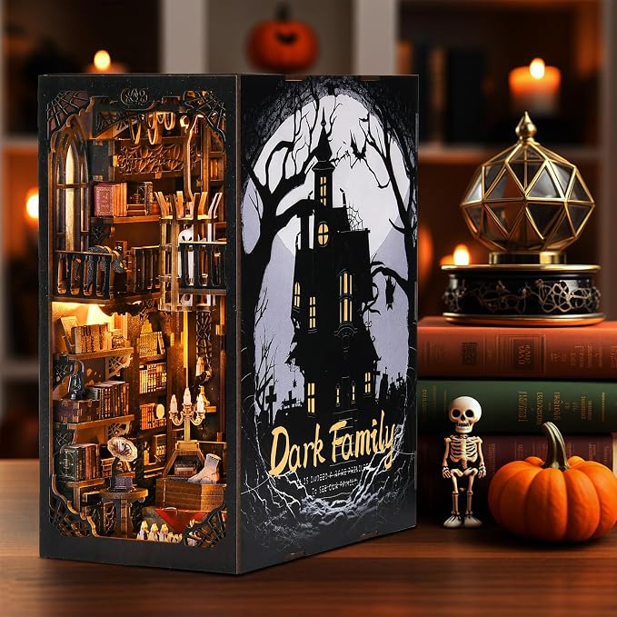 Book Nook Kit - Goth Castle DIY 3D Wooden Puzzle for Adults, Horror Bookshelf Insert with LED Lights, Halloween Home Decor Gift, The Dark Family