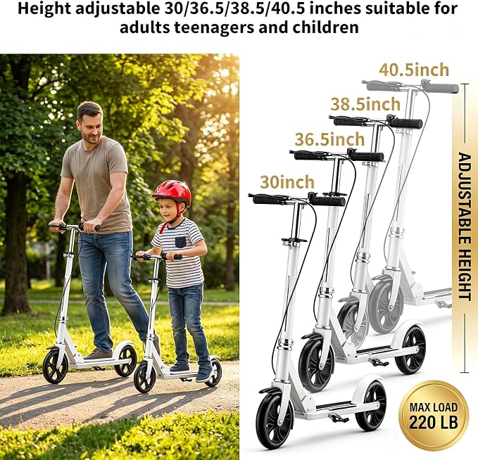 Scooters for Kids 8-12, Teens & Adults - Foldable&Portable Commuter Scooter with 8" Wheels, Bell, Hand Brake & Adjustable Height 30"-40.5", 240 lbs, Manual Push Scooter for Campus & Park